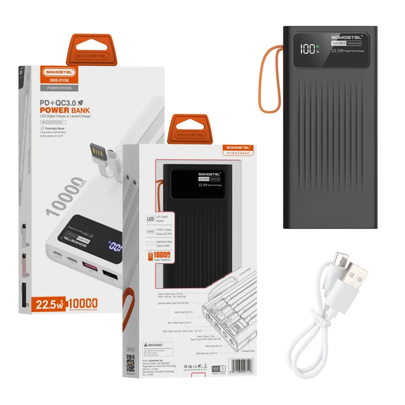SOMOSTEL SMS-DY08 10000mAh 22.5W Super Fast Power Bank With Build-in Cable