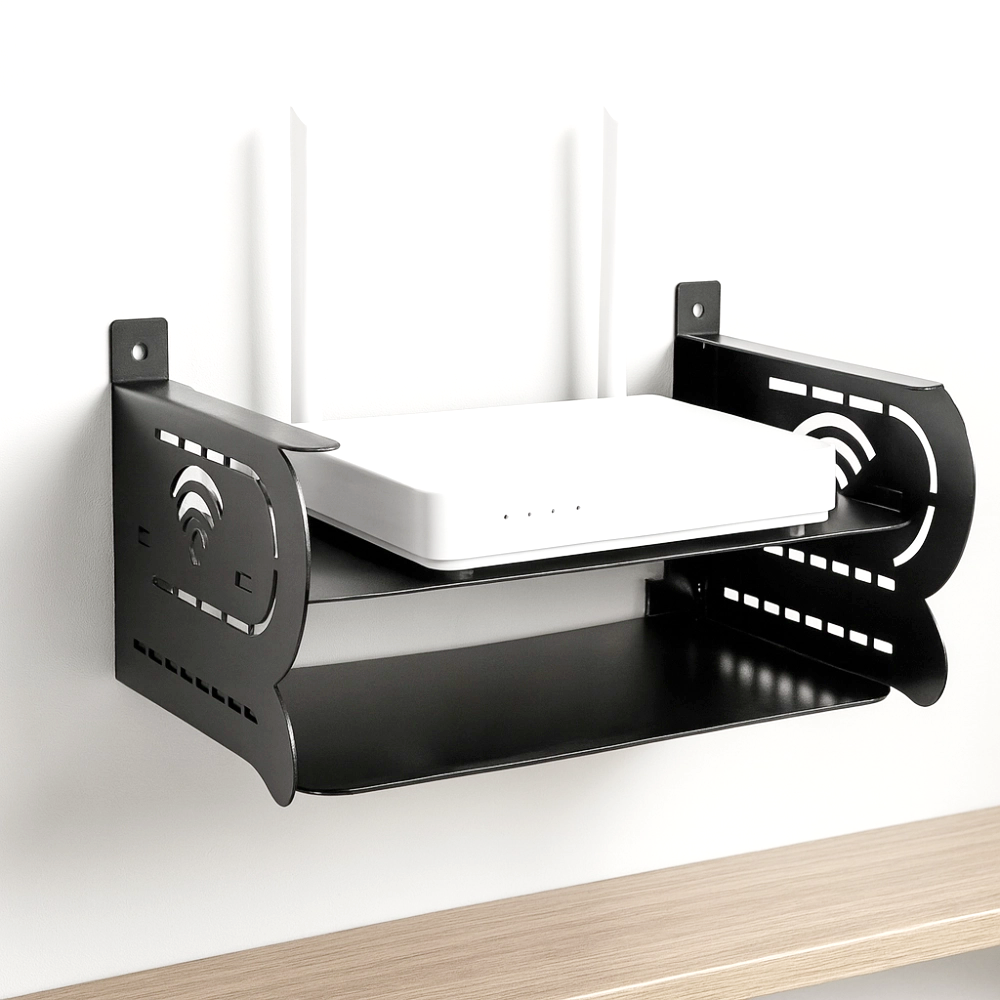 2- layer Wall mount wifi router stand, metal shelf for tv box & remotes black